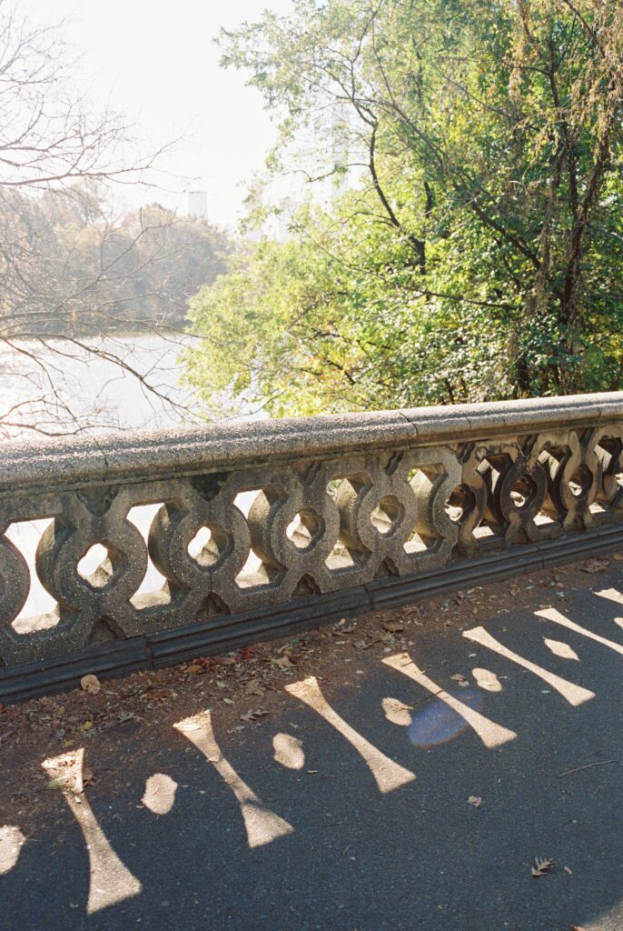 Film photo of a stone balustrade in Central Park, New York City, with sunlight casting intricate shadows on the path, captured on Kodak Portra 400 film