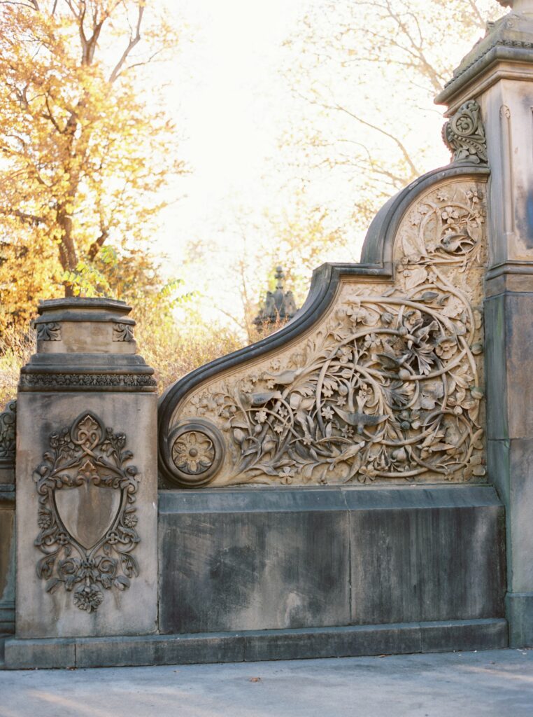 Intricately carved stone detail of Bethesda Terrace in Central Park, framed by golden autumn trees, captured on Kodak Portra 400 film with a Contax 645 camera.