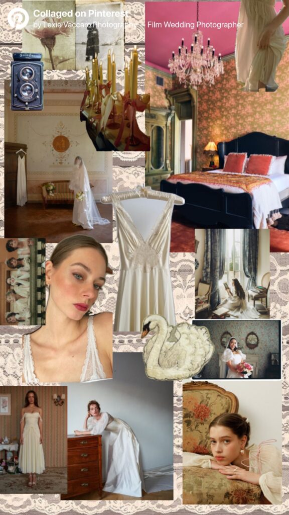 Vintage-inspired vision board for heirloom-style bridal portraits with soft textures, antique wallpaper, lace, and romantic interiors.