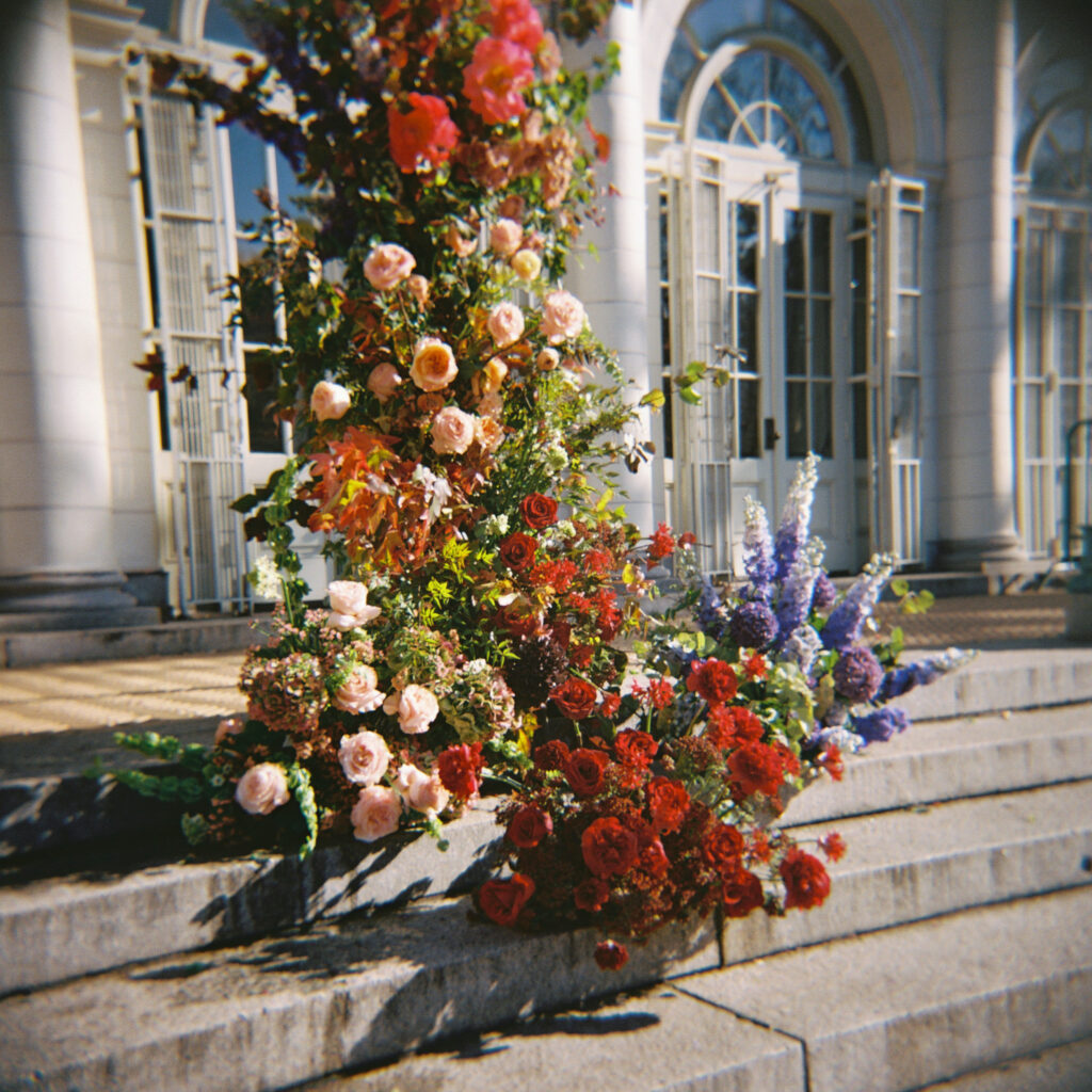 Film photo of vibrant floral ceremony installation with roses and delphiniums on the steps of Purslane at the Boathouse in Prospect Park