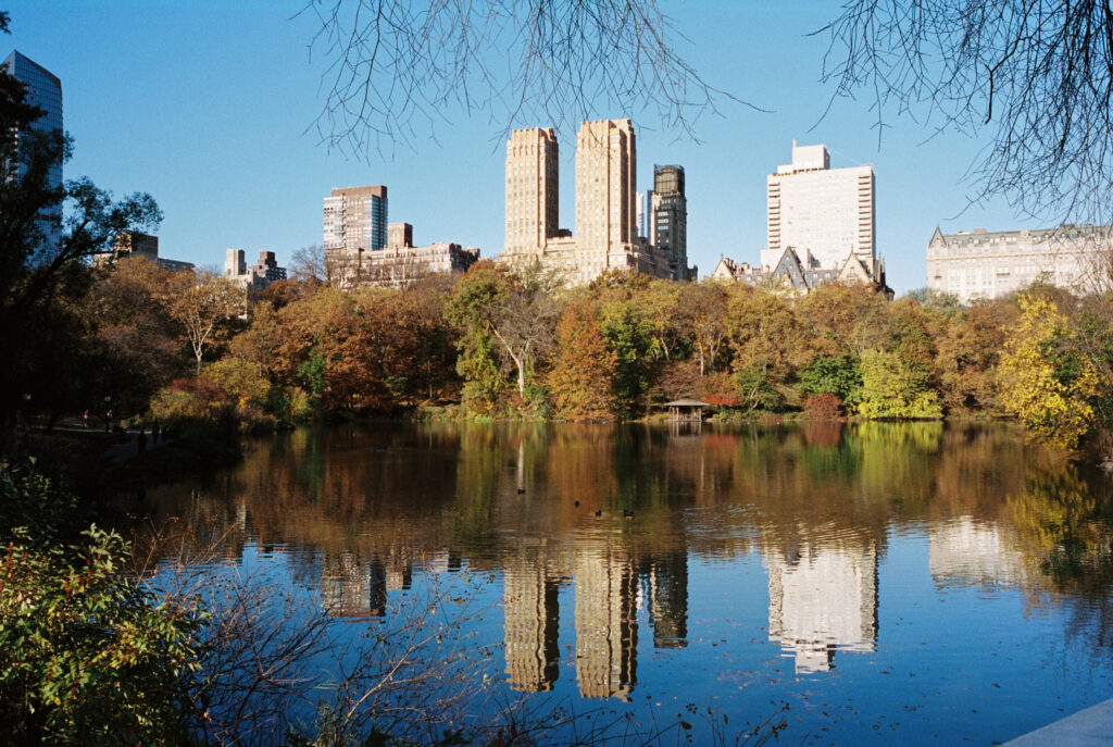 Central Park fall skyline reflected in the lake, photographed on film by Lexie Vaccaro Photography, featuring warm autumn foliage and historic New York City buildings.
